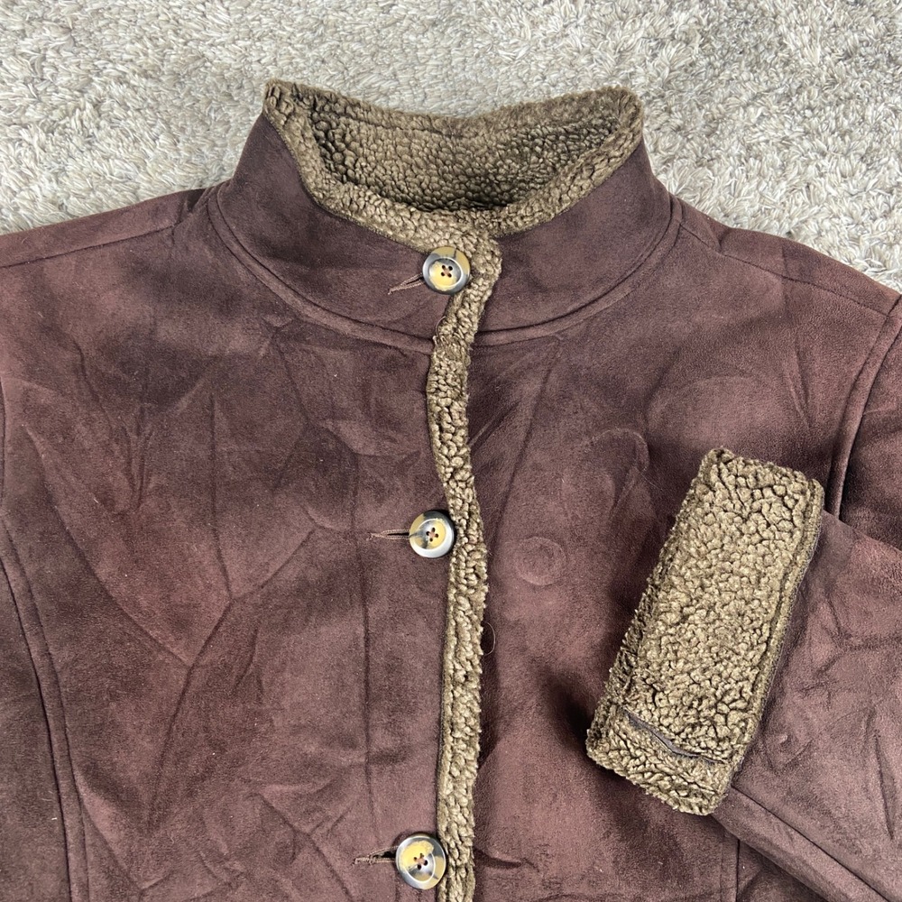 LL Bean Faux Shearling Coat Womens Large Brown Suede Sherpa Lined Winter‎ Jacket